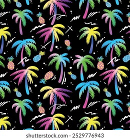 Patrón caribeño exótico sin fisuras con siluetas de cocoteros tropicales. Verano, mar. Impresión interminable repitiendo textura. Fondo rayado. FONDO DE PANTALLA - VECTOR
