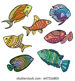 Exotic cartoon colorful tropical fish collection. Marine set aquarium cartoon fishes. varieties of ornamental popular color fish. Flat design fish. Vector illustration, fishes. fish collection.