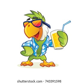 Exotic cartoon parrot with sunglasses holding glass of orange juice