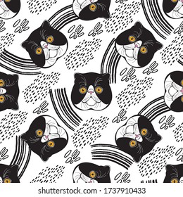 Exotic cat face. Seamless vector pattern with cats and decorative elements on white. Hand-drawn vector illustration. Animal art background.