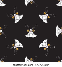 Exotic cat face. Seamless vector pattern on black. Hand-drawn vector illustration. Animal art background.