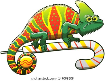 Exotic chameleon exhibiting a Christmas camouflage, staring at you in a dubious attitude and walking gripped to a candy cane while holding a bauble with its prehensile tail
