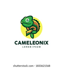 Exotic Chameleon logo template. Colored lizard grasping on tree branch vector design. Exotic animal design stock illustration