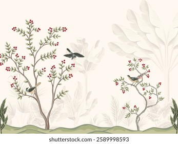 Exotic chinoiserie mural garden tree Chinese birds plant floral