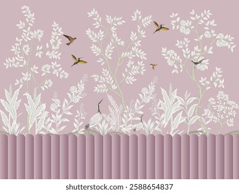 Exotic chinoiserie mural. Vintage botanical garden tree, Chinese birds, crane, plant floral seamless light pink background.