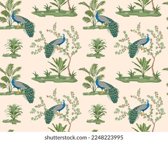 Exotische Chinoiserie Pfau nahtloses Muster. Wiederholtes Design-Element für den Druck auf Gewebe. Asiatische Flora und Fauna. Vogel mit langen Beinen und Schnabel neben Bambus. Cartoon-Flavektor-Vektorgrafik