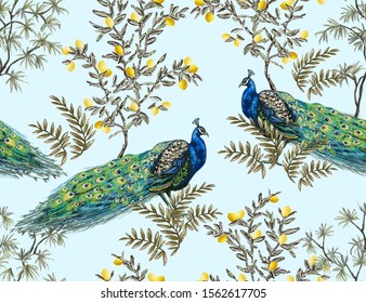 Papel pintado exótico chinoiserie con pavos reales, limones, plantas tropicales. Papel pintado exótico de jungla con palmeras. Aislado sobre fondo azul claro.