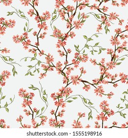 Exotic chinoiserie wallpaper. Tropical vintage botanical sakura tree, floral seamless japanese pattern on white background. Exotic jungle wallpaper.
