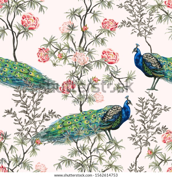 エキゾチックなチノセリの壁紙 熱帯のビンテージクジャクの鳥 ヤシの木 植物の花のシームレスな境界青の背景 エキゾチックなジャングルの壁紙 のベクター画像素材 ロイヤリティフリー