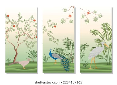 Pancartas de la serie de chinoseries exóticas. Colección de elementos gráficos para el sitio web. Hermoso paisaje natural. Temporada de primavera y verano. Ilustraciones de caricaturas de vectores planos aisladas en fondo blanco