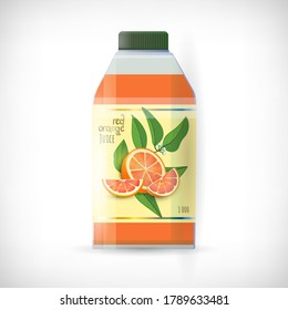 Exotische Zitrusfrüchte-Kennzeichnung auf voller Saftglasflasche aufgetaucht. Roter Orangen-Slice mit Blättern und Blüten orangefarbener Pflanzen. Kunststoffbehälter für Flüssigkeiten. Roter Orangensaft prangern. Flacher Stil.