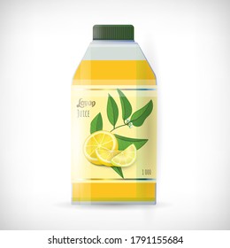 Exotic citrus fruit label on full of juice glass bottle mockup. Slice of Lemon with leaves and blossom of lemon plant. Plastic container for liquids. Lettering Lemon Juice. Flat style.