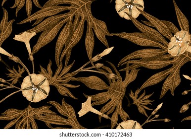Exotic climbing plant ivy. Vector seamless floral pattern. Golden branch, leaves, flowers on black background. Illustration in vintage style - template design luxury packaging, textile, paper. 