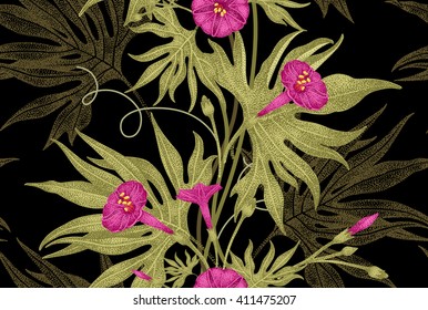 Exotic climbing plant ivy. Vector seamless floral pattern. Branch, leaves, flowers on black background. Illustration in vintage style - template design luxury packaging, textile, paper. 