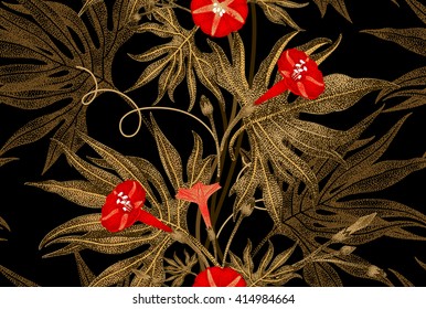 Exotic climbing plant ivy. Vector seamless floral pattern. Golden branch, leaves, red flowers on black background. Illustration in vintage style - template design luxury packaging, textile, paper. 