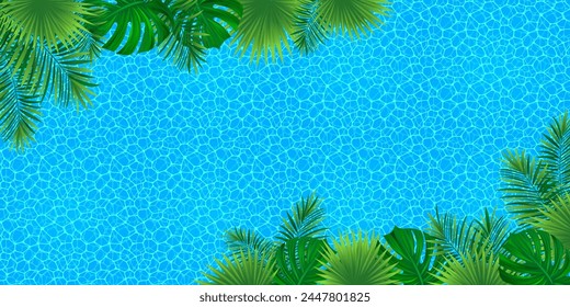 Exotic coast line vector illustration. Water surface background. Summer rainforest wallpaper. watery and amazon tropical leaves and plants backgdrop for spa, relax, aquatic center, travel designs.