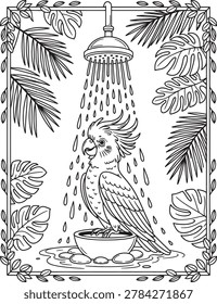 Exotic cockatoo taking a shower, surrounded by lush tropical leaves, creating a peaceful and refreshing jungle scene outline.