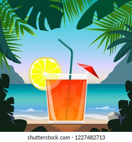 Exotic cocktail in beach bar on seashore. Cocktail with straw, lemon wedge and umbrella, surrounded by tropical leaves. Summer vacation concept. Beach bar poster. Summer party. Vector illustration