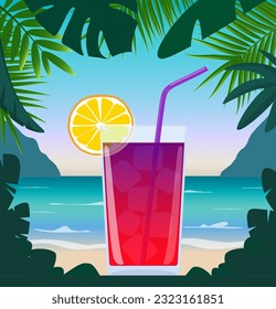 Exotic cocktail in beach bar on seashore. Cocktail with straw, lemon wedge and umbrella, surrounded by tropical leaves. Summer vacation concept. Beach bar poster. Summer party. Vector illustration