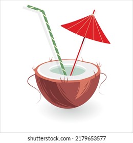 Exotischer Cocktail in einer Kokosnuss-Muschel mit Regenschirm und Stroh in trendigen Farbtönen im minimalistischen Stil.