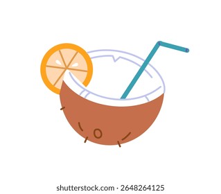 Coquetel exótico em coco com palha. Coquetel fresco, bebida refrescante em noz de fruta. Refrigerante tropical com casca decorado com limão. Ilustração de vetor isolado plano sobre fundo branco