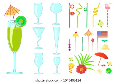Exotic cocktail drink creator. Set of different shapes coctail glass and straws, parasols, umbrellas, toothpick for party decoration. Vector illustration eps 10