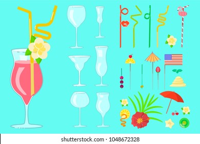 Exotic cocktail drink creator. Set of different shapes coctail glass and straws, parasols, umbrellas, toothpick for party decoration. Vector illustration eps 10