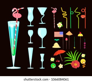 Exotic cocktail drink creator. Set of different shapes coctail glass and straws, parasols, umbrellas, toothpick for party decoration. Vector illustration eps 10