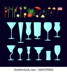 Exotic cocktail drink creator. Set of different shapes coctail glass and straws, parasols, umbrellas, toothpick for party decoration. Vector illustration eps 10