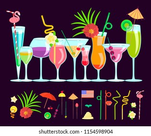 Exotic cocktail drink creator. Set of different shapes coctail glass and straws, parasols, umbrellas, toothpick for party decoration. Vector illustration eps 10