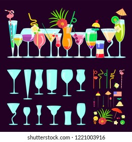 Exotic cocktail drink creator. Set of different shapes coctail glass and straws, parasols, umbrellas, toothpick for party decoration. Vector illustration eps 10