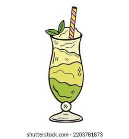 Exotic Cocktail In A Glass With A Straw, A Tropical Drink. Hand Drawn Doodle Vector Illustration