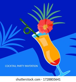 Exotic cocktail on bright blue and palm leaves background banner template for design menu or cocktail party invitation. Flat Art Vector Illustration