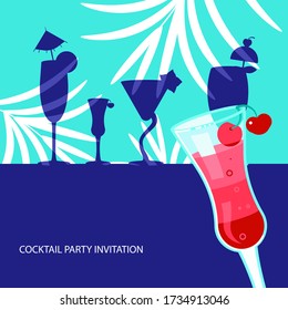 Exotic cocktail on bright blue and palm leaves background banner template for design menu or cocktail party invitation. Flat Art Vector Illustration