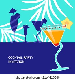 Exotic cocktail on bright blue and palm leaves background banner template for design menu or cocktail party invitation. Flat Art Vector Illustration