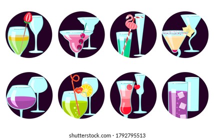 Exotic cocktail Set of Social Media Story highlight icons. Different shapes coctail glass and straws, parasols, umbrellas, toothpick for party decoration. Flat Art Vector illustration