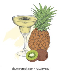 Exotic cocktail sketch. Tropical drink with pineapple and kiwi fruit