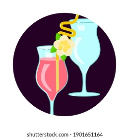 Exotic cocktail Social Media highlight icon. Shaped cocktail glass with straw for party decoration. Flat Art Vector illustration