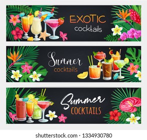 Exotic cocktails banners. Summer alcoholic holiday and beach party drinks. Long island, bloody mary, cosmopolitan, margarita, mai tai, pina colada, blue lagoon and etc. Vector illustration.