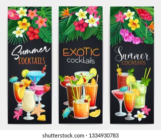 Exotic cocktails banners. Summer alcoholic holiday and beach party drinks. Long island, bloody mary, cosmopolitan, margarita, mai tai, pina colada, blue lagoon and etc. Vector illustration.