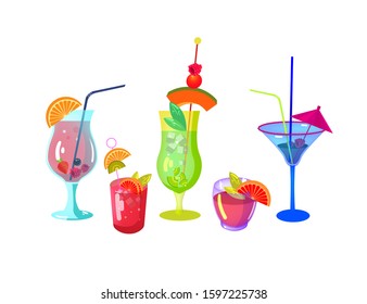 Exotic cocktails on background. Alcoholic summer liquid drinks in glass. Alcohol drinks collection for website.  cocktails and drinks. Alcohol drinks collection for party. Bar drink vector icons set 