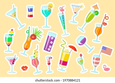 Exotic cocktails stickers set. Cute sticky labels decorated with different shapes coctail glass and straws, parasols, umbrellas, toothpick for party decoration. Flat Art Vector Illustration
