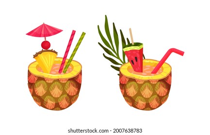 Exotic Cocktails with Straw and Umbrella Poured in Pineapple Fruit Vector Set