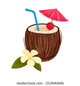 Exotic Coconut Cocktail With Cherry, Vanilla Flower, Umbrella And Straw Isolated On White Background