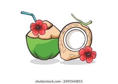 Exotic coconut cocktail, coco drink whole and slice with hibiscus flower vector illustration isolated on transparent background. good for label, sticker, clipart, icon, poster