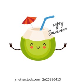 Exotic coconut cocktail, funny character, summer vacation concept, cartoon vector illustration on a white background.
