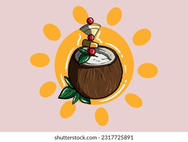 Cóctel de coco exótico con levas, cerezo, mango y limón, cóctel de frutas tropicales aislado en segundo plano. Ilustración del vector