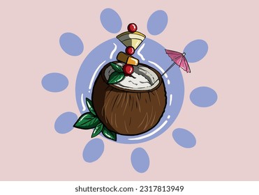 Cóctel de coco exótico con levas, cerezo, mango y limón, cóctel de frutas tropicales aislado en segundo plano. Ilustración del vector