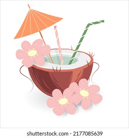 Exotic coconut cocktail in a nut shell with an umbrella and straw in trendy colors.