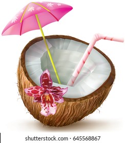 Exotic coconut cocktail with orchid flower. vector illustration